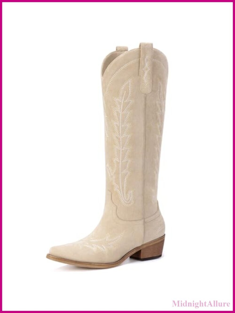 Knee High Western Cowboy Boots Pointed Toe Chunky Heel Pull On Zipper